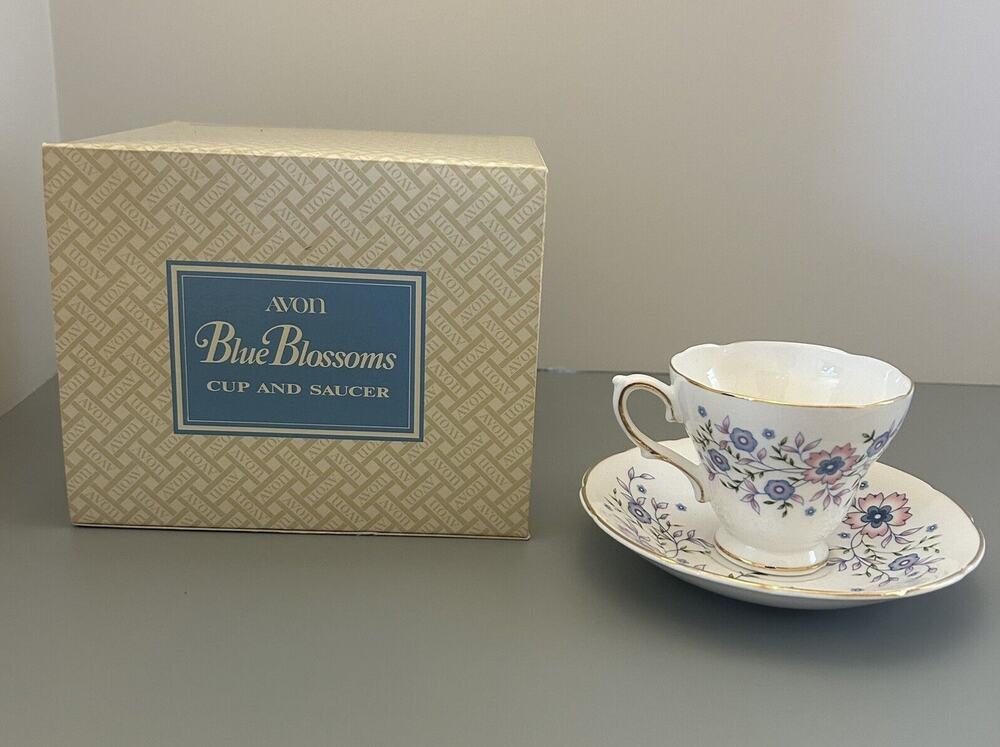 AVON Blue Blossoms Floral Fine Bone China Tea Cup and Saucer England 1974 w/Box